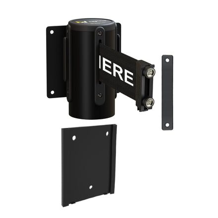 Wall Mounted Retractable Belt Barrier with Removable Plate, Black Steel Metal Case with Magnetic Belt End, 8.5 ft Belt - Montour Line WM115