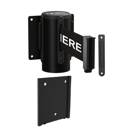 Wall Mounted Retractable Belt Barrier with Removable Plate, Black Steel Metal Case with Standard Belt End, 13 ft Belt - Montour Line WM115