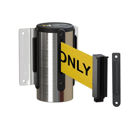 Wall Mounted Retractable Belt Barrier, Fixed Mount, Polished Stainless Steel Casing with Standard Belt End, 8.5 ft Belt - Montour Line WM115