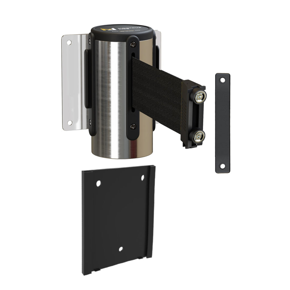 Wall Mounted Retractable Belt Barrier with Removable Plate, Polished Stainless Steel Metal Case with Magnetic Belt End, 11 ft Belt - Montour Line WM115