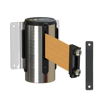 Wall Mounted Retractable Belt Barrier, Magnetic Mount, Polished Stainless Steel Casing with Magnetic Belt End, 13 ft Belt - Montour Line WM115