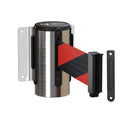 Wall Mounted Retractable Belt Barrier Fixed, Polished Stainless Steel Metal Case with Standard Belt End, 13 ft Belt - Montour Line WM115