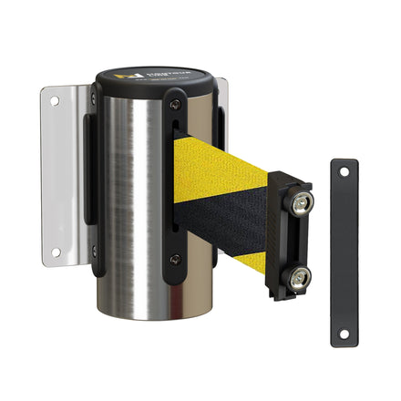 Wall Mounted Retractable Belt Barrier, Magnetic Mount, Polished Stainless Steel Casing with Magnetic Belt End, 8.5 ft Belt - Montour Line WM115