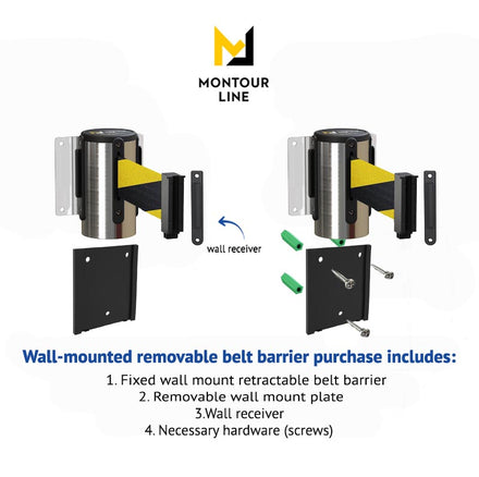 Retractable Belt Barrier Wall Mount with Removable Plate, Polished Stainless Steel Metal Case with Standard Belt End, 13 ft Belt - Montour Line WM115