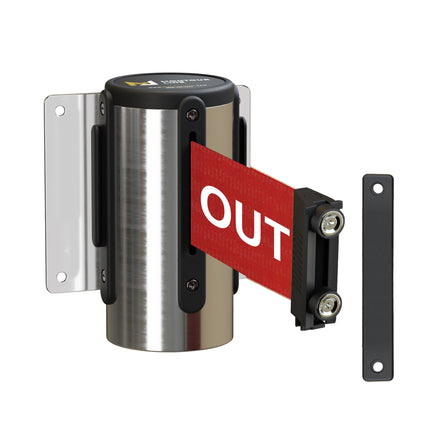 Wall Mounted Retractable Belt Barrier, Magnetic Mount, Polished Stainless Steel Casing with Magnetic Belt End, 13 ft Belt - Montour Line WM115