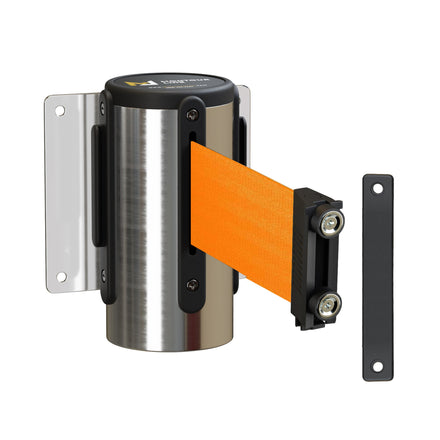 Wall Mounted Retractable Belt Barrier, Magnetic Mount, Polished Stainless Steel Casing with Magnetic Belt End, 8.5 ft Belt - Montour Line WM115