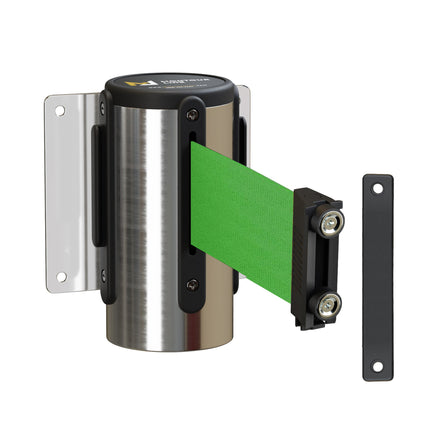Wall Mounted Retractable Belt Barrier, Magnetic Mount, Polished Stainless Steel Casing with Magnetic Belt End, 13 ft Belt - Montour Line WM115