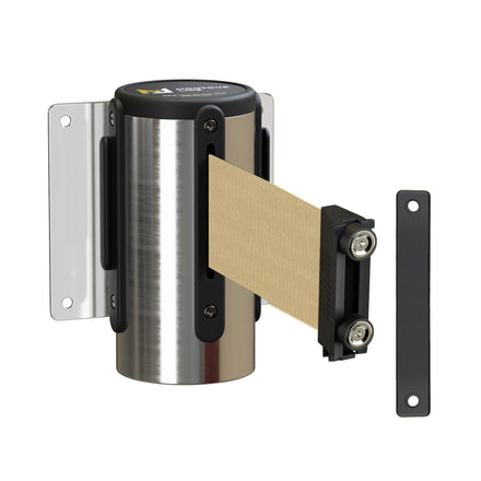 Wall Mounted Retractable Belt Barrier, Magnetic Mount, Polished Stainless Steel Casing with Magnetic Belt End, 8.5 ft Belt - Montour Line WM115