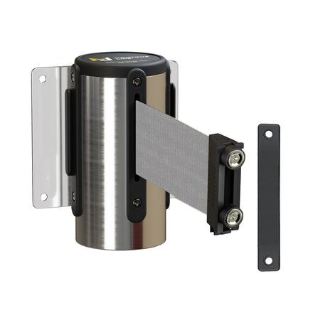 Wall Mounted Retractable Belt Barrier, Magnetic Mount, Polished Stainless Steel Casing with Magnetic Belt End, 13 ft Belt - Montour Line WM115