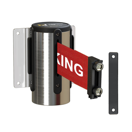 Wall Mounted Retractable Belt Barrier, Magnetic Mount, Polished Stainless Steel Casing with Magnetic Belt End, 13 ft Belt - Montour Line WM115