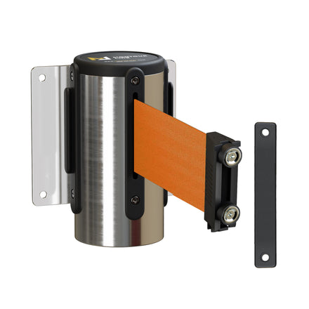 Wall Mounted Retractable Belt Barrier, Magnetic Mount, Polished Stainless Steel Casing with Magnetic Belt End, 13 ft Belt - Montour Line WM115
