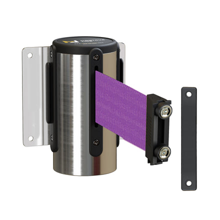 Wall Mounted Retractable Belt Barrier, Magnetic Mount, Polished Stainless Steel Casing with Magnetic Belt End, 13 ft Belt - Montour Line WM115