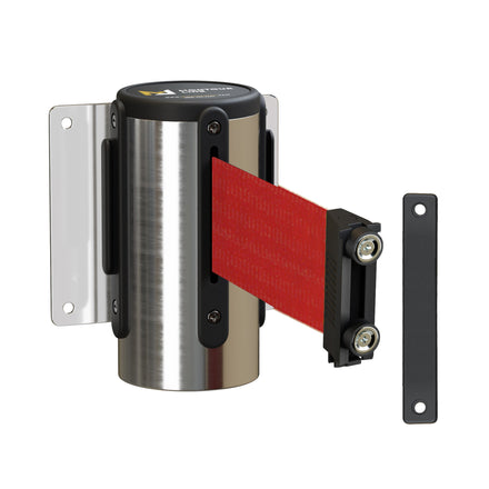Wall Mounted Retractable Belt Barrier, Magnetic Mount, Polished Stainless Steel Casing with Magnetic Belt End, 13 ft Belt - Montour Line WM115