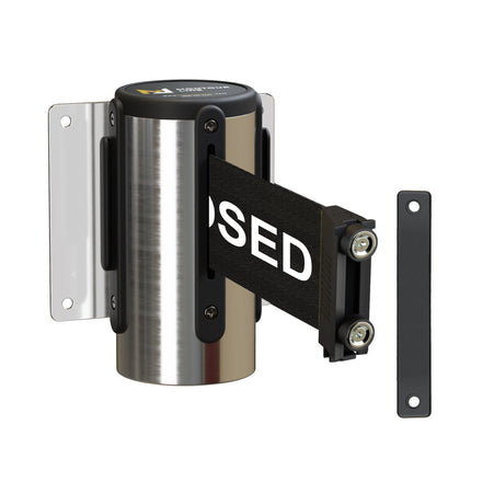 Wall Mounted Retractable Belt Barrier, Magnetic Mount, Polished Stainless Steel Casing with Magnetic Belt End, 8.5 ft Belt - Montour Line WM115