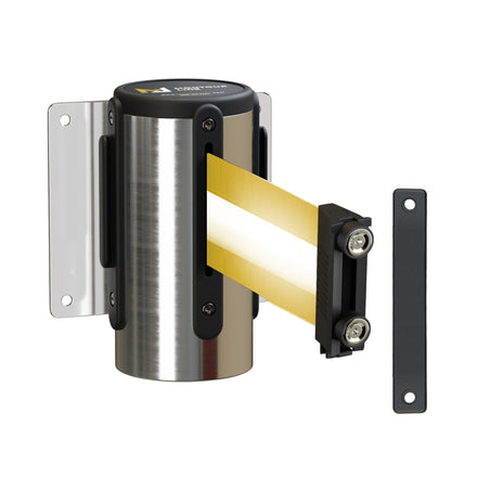 Wall Mounted Retractable Belt Barrier, Magnetic Mount, Polished Stainless Steel Casing with Magnetic Belt End, 13 ft Belt - Montour Line WM115