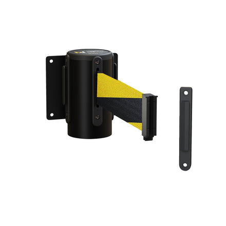 Fixed Wall Mount Retractable Belt Barrier with Fixed Belt End, Black Steel Case, 14 ft or 16 ft Belt - Montour Line WM215
