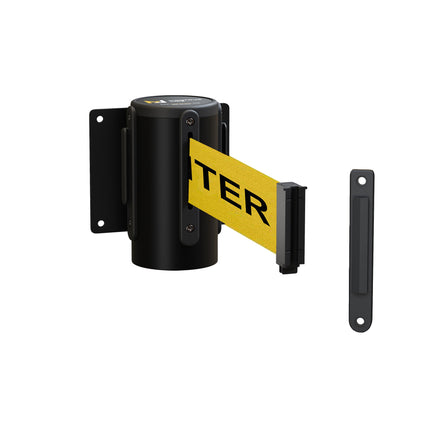 Fixed Wall Mount Retractable Belt Barrier with Fixed Belt End, Black Steel Case, 14 ft or 16 ft Belt - Montour Line WM215