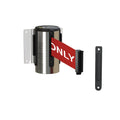 Fixed Wall Mount Retractable Belt Barrier with Fixed Belt End, Polished Stainless Steel Steel Case, 14 ft or 16 ft Belt - Montour Line WM215