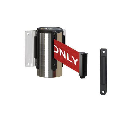 Fixed Wall Mount Retractable Belt Barrier with Fixed Belt End, Polished Stainless Steel Steel Case, 14 ft or 16 ft Belt - Montour Line WM215