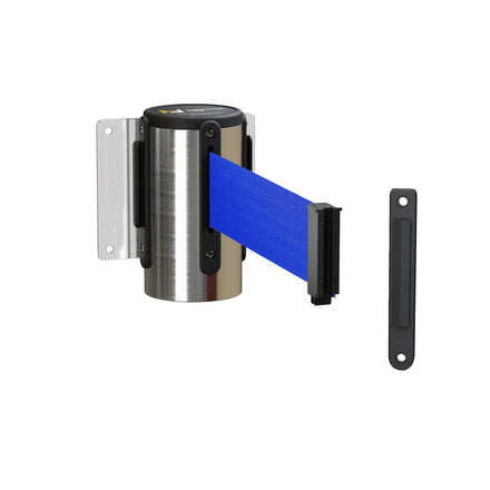 Fixed Wall Mount Retractable Belt Barrier with Fixed Belt End, Polished Stainless Steel Steel Case, 14 ft or 16 ft Belt - Montour Line WM215