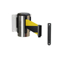 Fixed Wall Mount Retractable Belt Barrier with Fixed Belt End, Polished Stainless Steel Steel Case, 14 ft or 16 ft Belt - Montour Line WM215