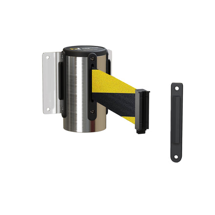 Fixed Wall Mount Retractable Belt Barrier with Fixed Belt End, Polished Stainless Steel Steel Case, 14 ft or 16 ft Belt - Montour Line WM215