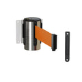 Fixed Wall Mount Retractable Belt Barrier with Fixed Belt End, Polished Stainless Steel Steel Case, 14 ft or 16 ft Belt - Montour Line WM215