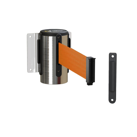 Fixed Wall Mount Retractable Belt Barrier with Fixed Belt End, Polished Stainless Steel Steel Case, 14 ft or 16 ft Belt - Montour Line WM215