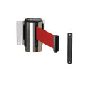 Fixed Wall Mount Retractable Belt Barrier with Fixed Belt End, Polished Stainless Steel Steel Case, 14 ft or 16 ft Belt - Montour Line WM215