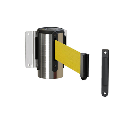 Fixed Wall Mount Retractable Belt Barrier with Fixed Belt End, Polished Stainless Steel Steel Case, 14 ft or 16 ft Belt - Montour Line WM215