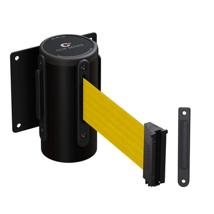 Wall Mounted Retractable Belt Barrier Fixed, Black Steel Case, 8.5 Ft. and 11 Ft. Belts - CCW Series WMB-120