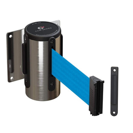 Wall Mounted Retractable Belt Barrier Fixed, Polished Stainless Steel Case, 8.5 and 11 Ft. Belt - CCW Series WMB-120