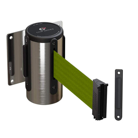 Wall Mounted Retractable Belt Barrier Fixed, Polished Stainless Steel Case, 8.5 and 11 Ft. Belt - CCW Series WMB-120
