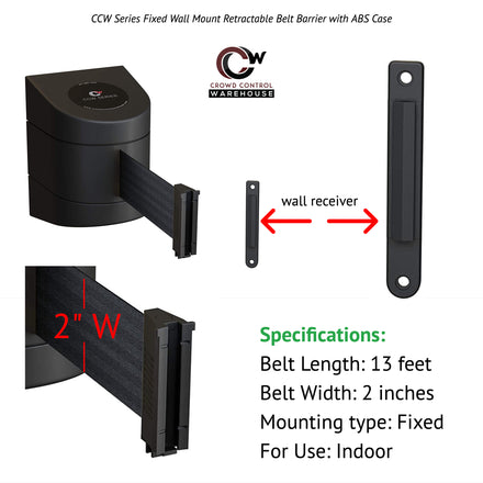 CCW Series WMB-220- Wall Mounted Retractable Belt Barrier With Black Fixed ABS Case - 7.5, 10, 13, & 15 Ft. Belts