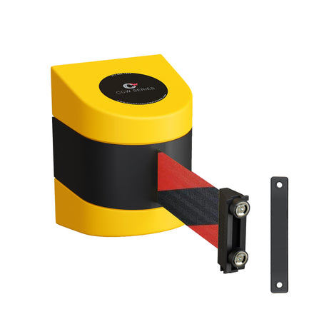 CCW Series WMB-230- Wall Mounted Retractable Belt Barrier - Yellow Magnetic ABS Case- 20, 25 & 30 Ft. Belts