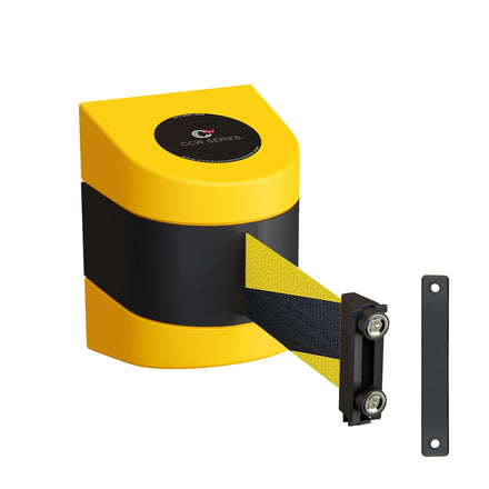 CCW Series WMB-230- Wall Mounted Retractable Belt Barrier - Yellow Magnetic ABS Case- 20, 25 & 30 Ft. Belts