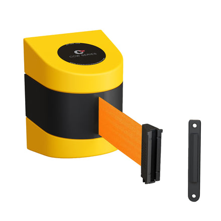 CCW Series WMB-220- Wall Mounted Retractable Belt Barrier With Yellow Fixed ABS Case - 7.5, 10, 13, & 15 Ft. Belts