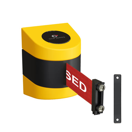 CCW Series WMB-230- Wall Mounted Retractable Belt Barrier - Yellow Magnetic ABS Case- 20, 25 & 30 Ft. Belts