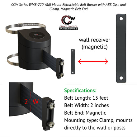 Clamp Wall Mount, Black ABS Case with Magnetic Belt End, 10, 13, and 15 Ft. Belts - CCW Series WMB-220