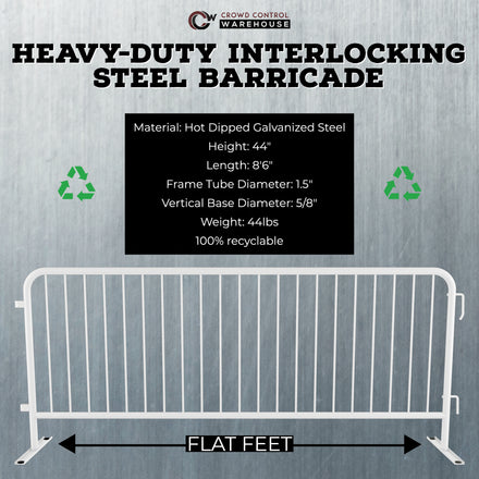 Heavy Duty Interlocking Steel Barricade, 8.5 Ft., White - Angry Bull Barricades