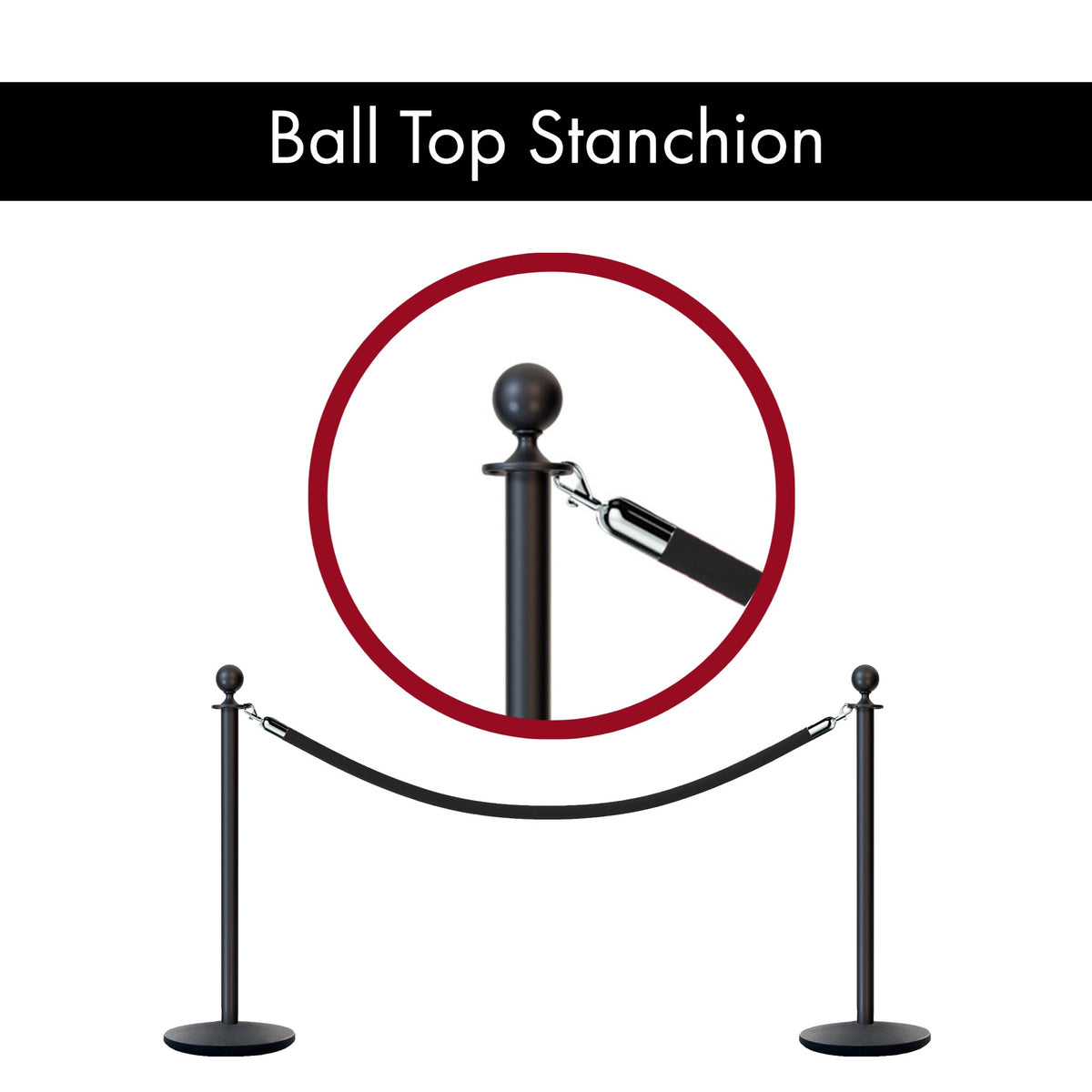 Ball Top Post and Rope Stanchion with Cast Iron Base - Montour Line CILine - Crowd Control Warehouse