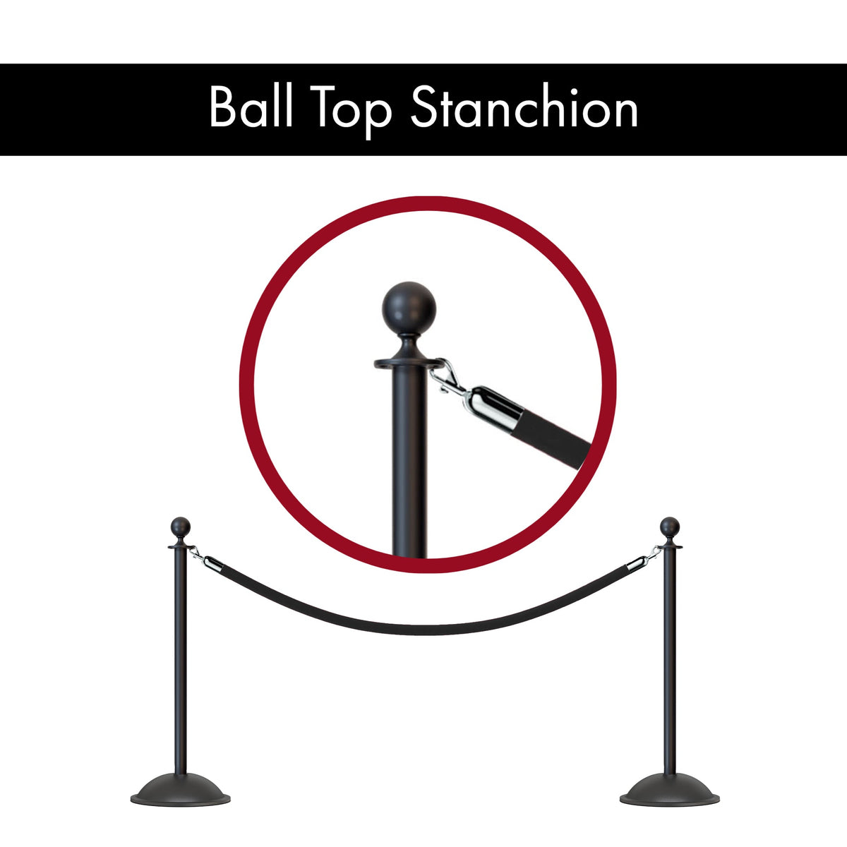 Ball Top Post and Rope Stanchion with Dome Base - Montour Line CDLine - Crowd Control Warehouse