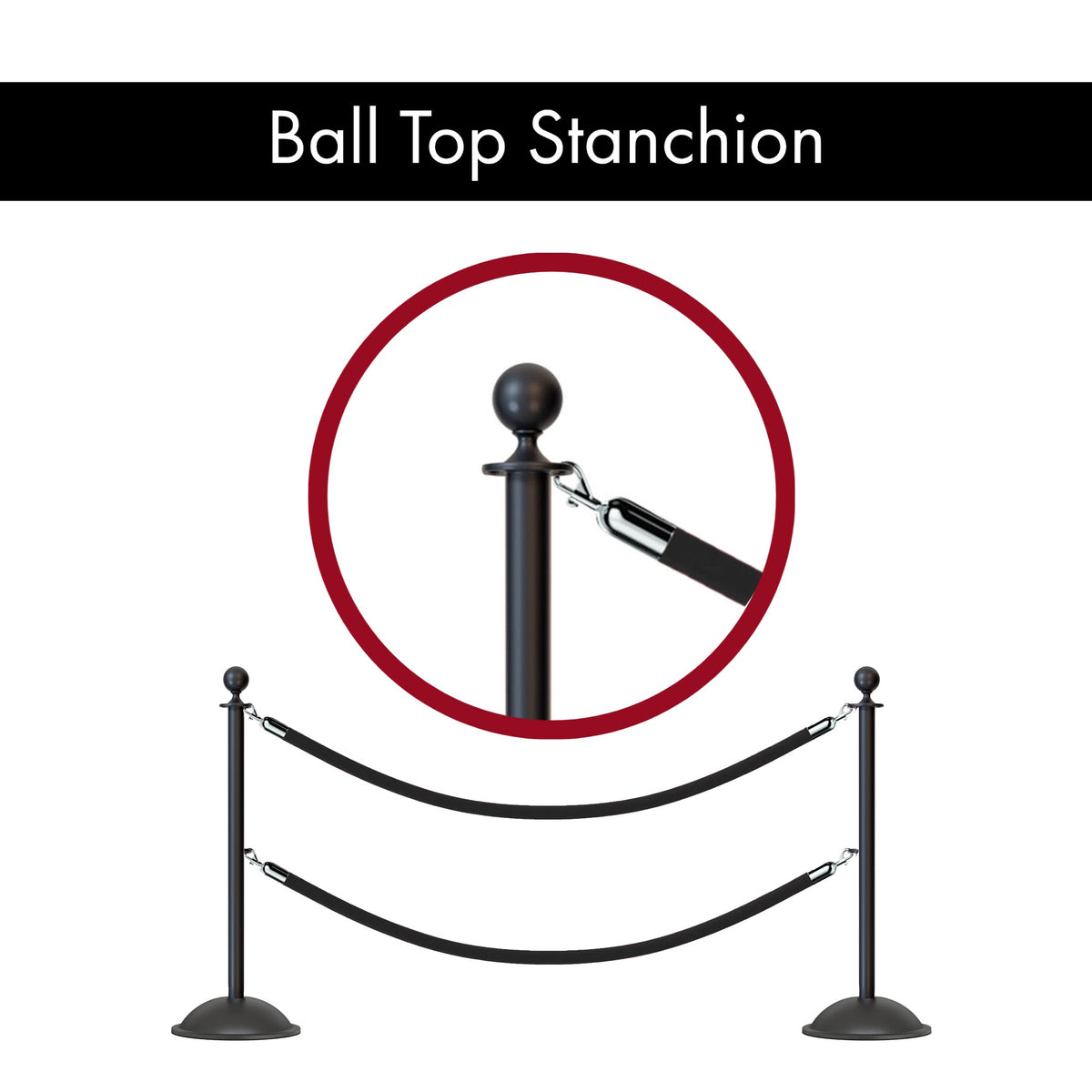 Ball Top Post and Rope Stanchion with Dome Base - Montour Line CDLineD - Crowd Control Warehouse