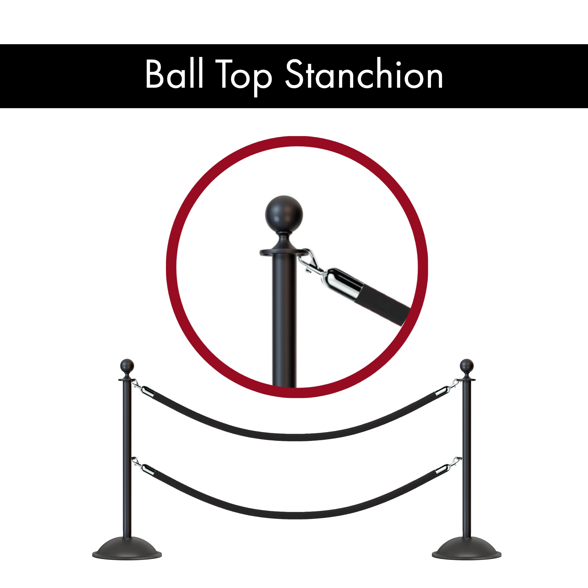 Ball Top Post and Rope Stanchion with Dome Base - Montour Line CDLineD - Crowd Control Warehouse