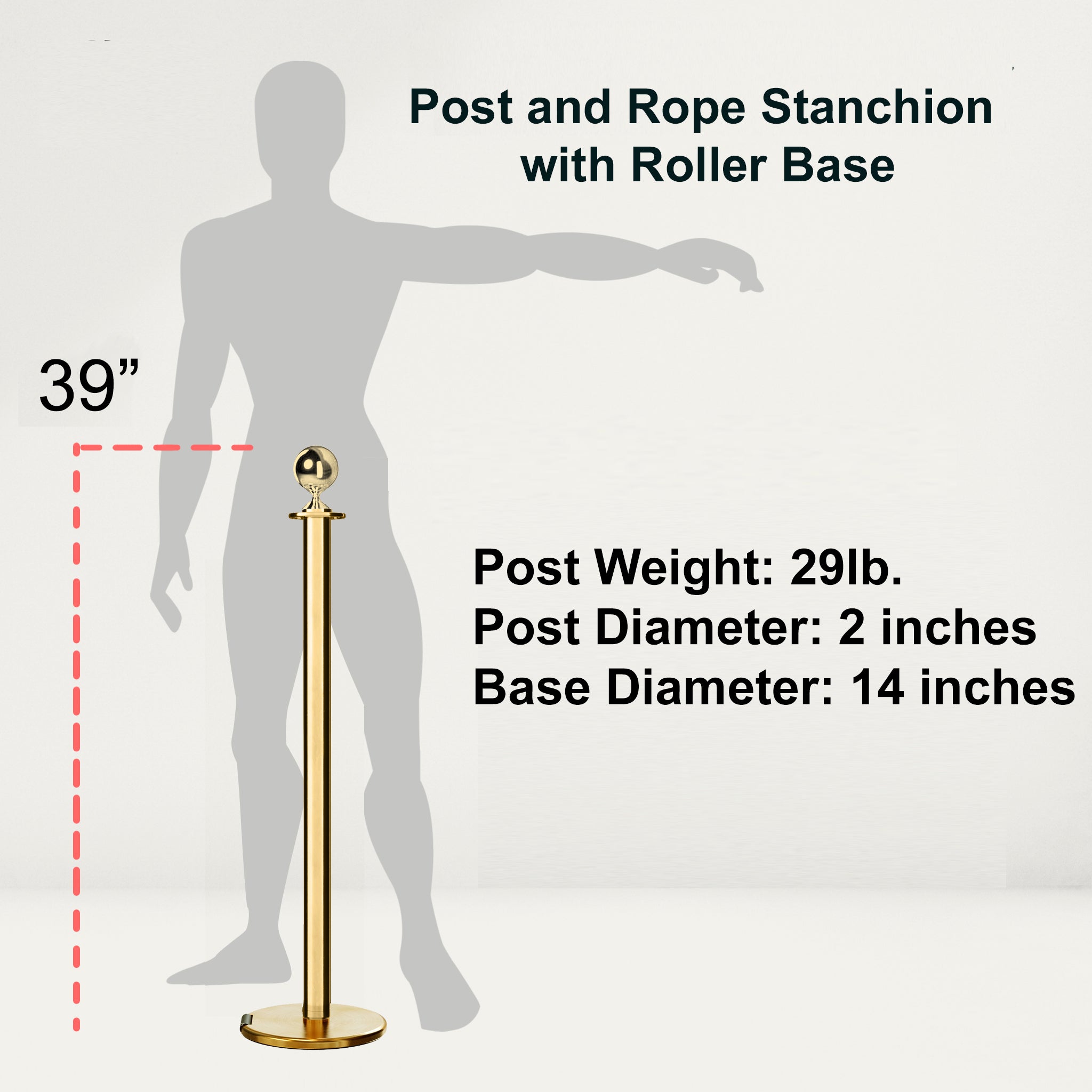 Ball Top Post and Rope Stanchion with Roller Base - Montour Line CELine - Crowd Control Warehouse