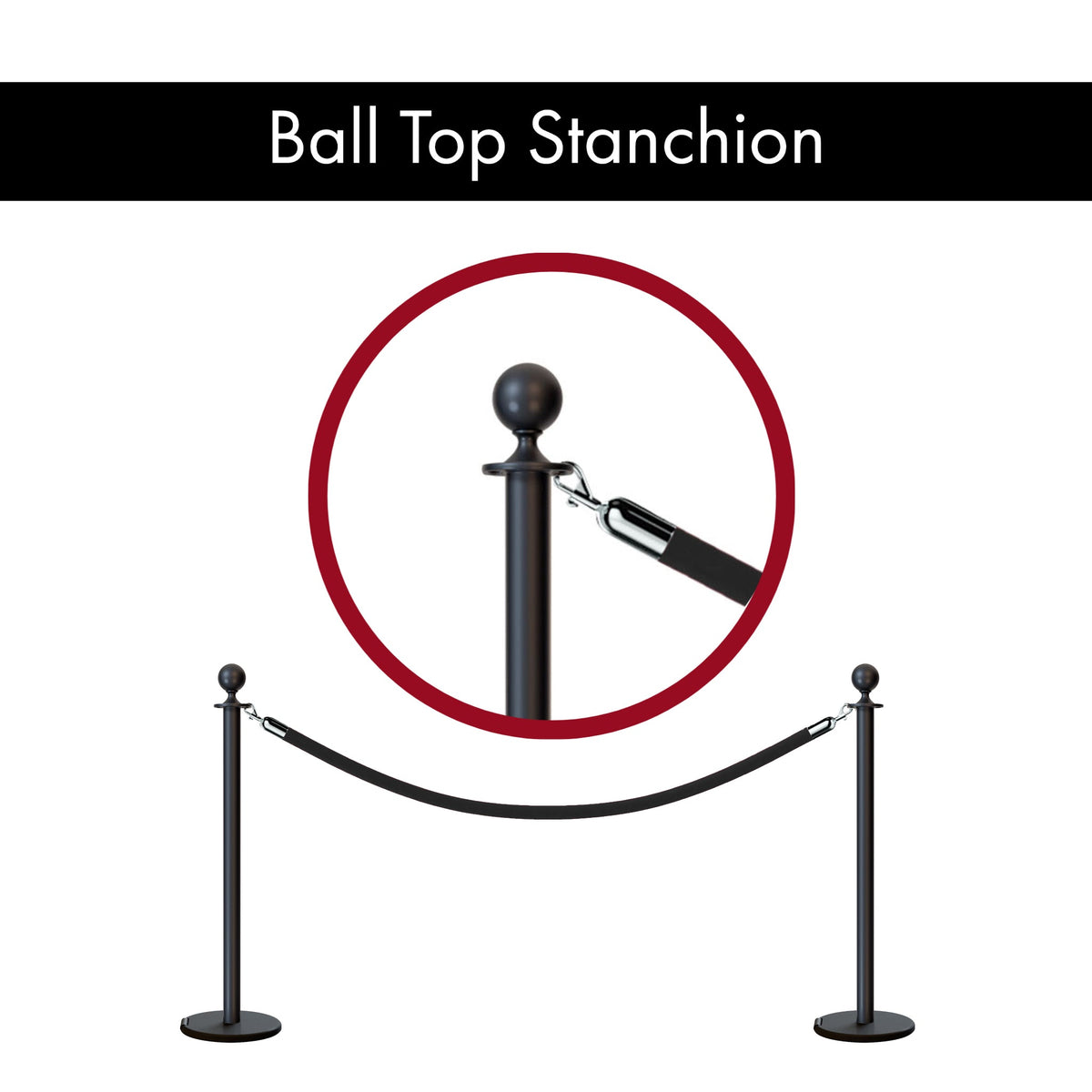 Ball Top Post and Rope Stanchion with Roller Base - Montour Line CELine - Crowd Control Warehouse