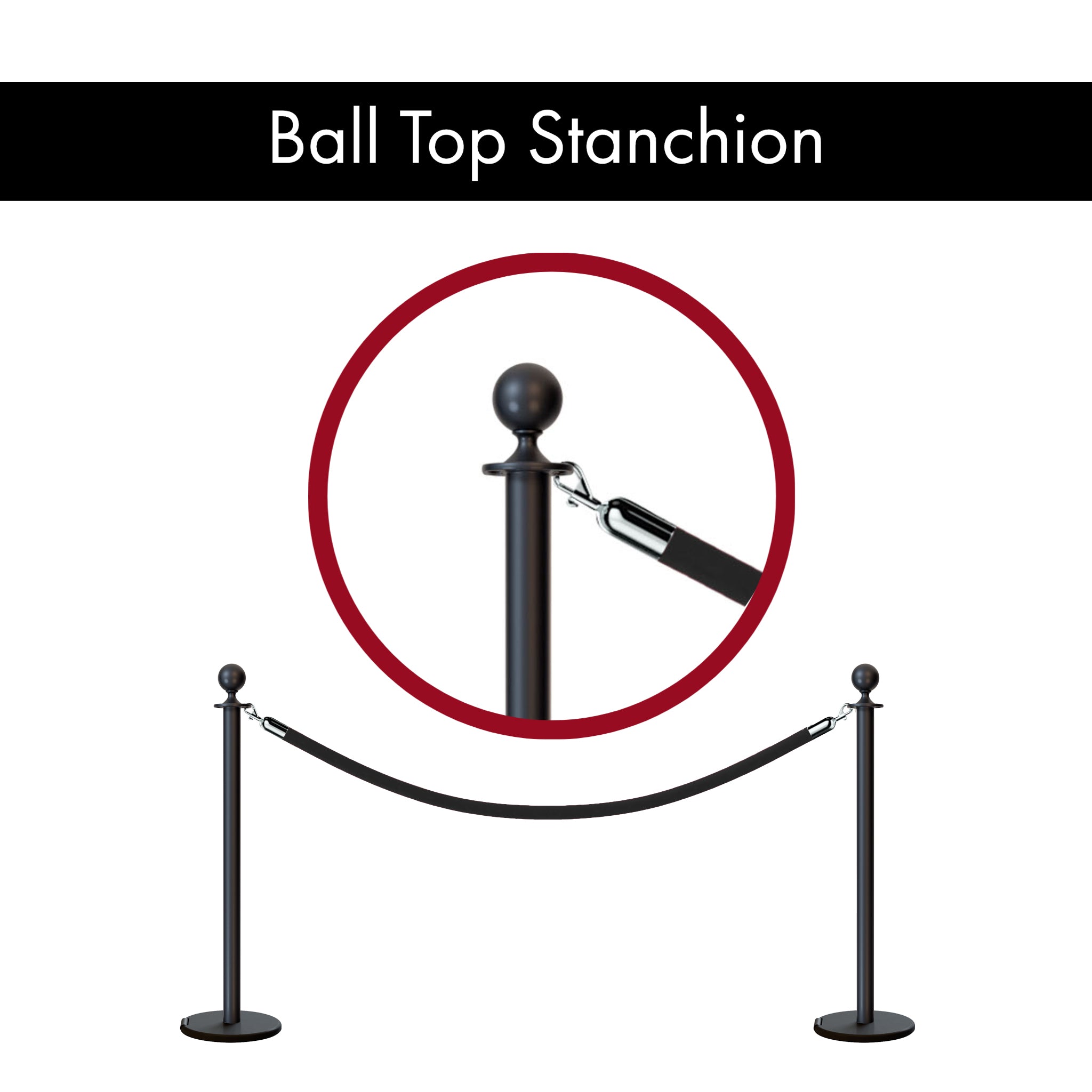 Ball Top Post and Rope Stanchion with Roller Base - Montour Line CELine - Crowd Control Warehouse