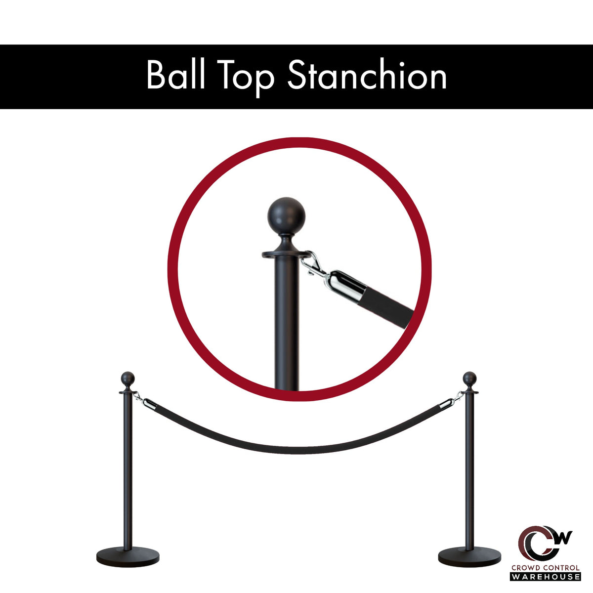 Ball Top Rope Stanchion with Sloped Base - Montour Line CLine - Crowd Control Warehouse