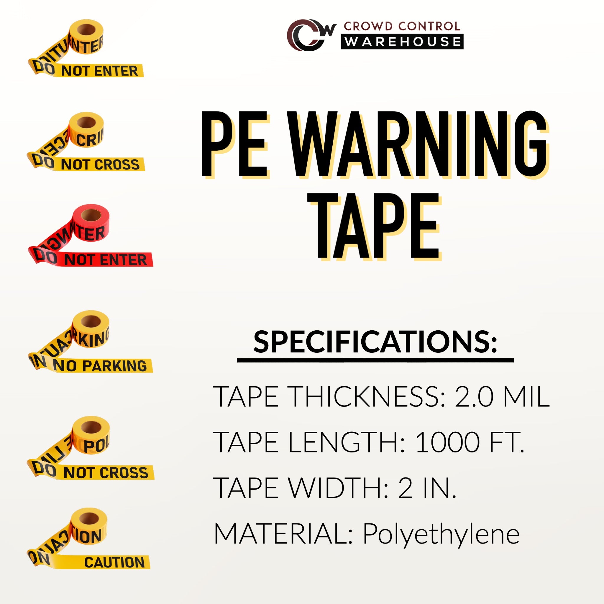 Caution Tape, 2.0 mil x 1000 Ft. x 3 Inch, Black Text Color - Trafford Industrial - Crowd Control Warehouse