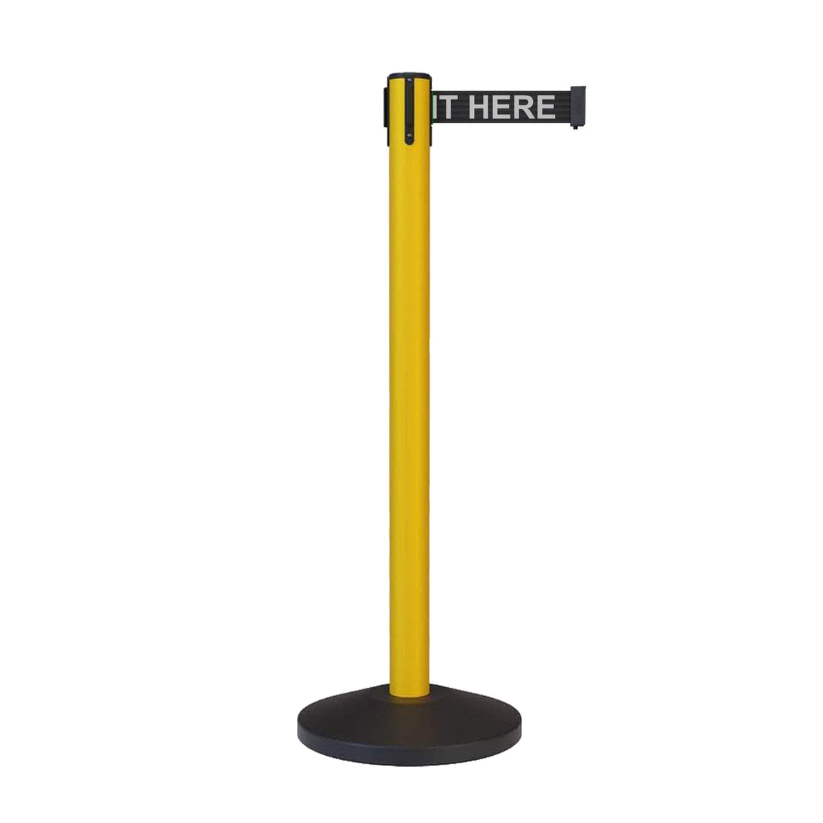 CCW Series RBB - 100 Retractable Belt Barrier Stanchion, Sloped Base, Yellow Post - 11 ft. Belt - Crowd Control Warehouse